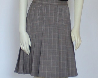 Beige Black Plaid Pleated Skirt For Women, Knee Length Wool Skirt Knife Pleat Stitched, Custom Handmade