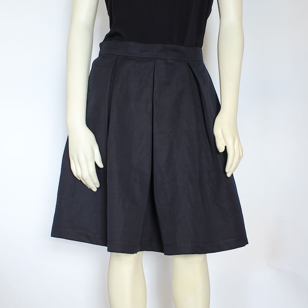 Black Pleated Cotton Skirt For Women, Knee Length Skirt With Pockets, Spring Summer Custom Handmade
