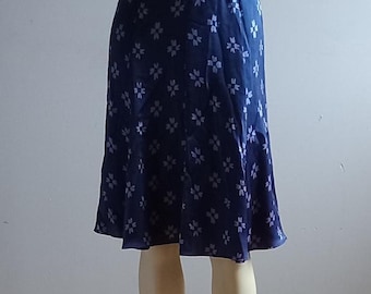 Navy Blue Floral Silk, Fit and Flared Knee Length Small