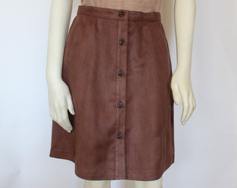 Womens Brown Faux Suede Skirt With Button, Knee Length Skirt Pockets A-Line, Office Casual Handmade