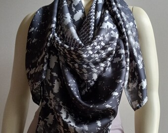 Black/ Gray Large Square Scarf For Women, Polyester Satin Oversized Shawl, Neckwear Handmade