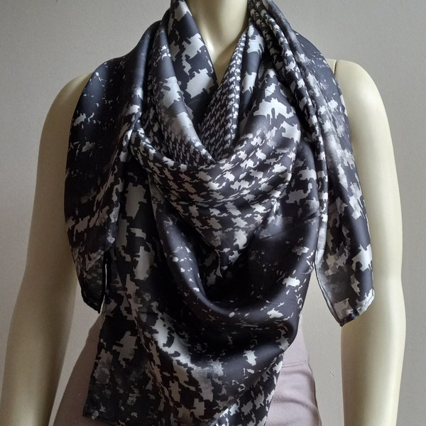 Black/ Gray Large Square Scarf For Women, Polyester Satin Oversized Shawl, Neckwear Handmade