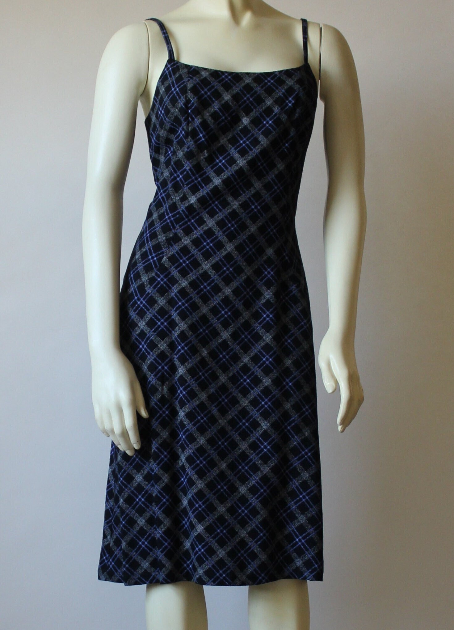 Handmade Plaid Slip Dress: Black & Blue Midi, Size M Handmade Plaid Slip Dress: Black & Blue Midi, Size M