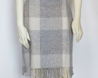 Beige/ Grey Plaid Blanket Skirt For Women, Knee Length Wrap Skirt Winter, Wearable Check Custom Handmade