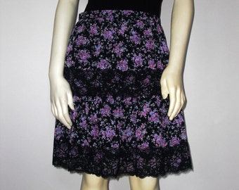 Black Floral Chiffon Skirt For Women, Tiered Knee Length Skirt, Peasant Lace Trim Custom Handmade