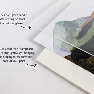 May include: A layered display set featuring a landscape print, a sheet of non-glare acrylic with a matte coating, and an acid-free foamboard backing. Text on the image reads: Includes non-glare acrylic and Includes acid-free foamboard backing.