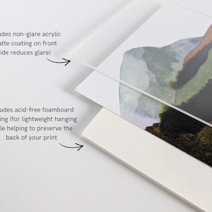 May include: A layered display set featuring a landscape print, a sheet of non-glare acrylic with a matte coating, and an acid-free foamboard backing. Text on the image reads: Includes non-glare acrylic and Includes acid-free foamboard backing.