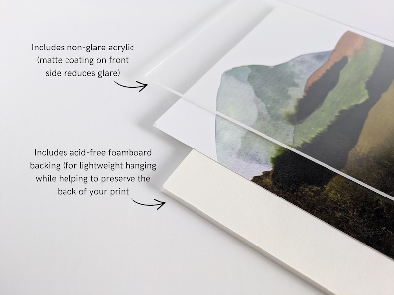 May include: A layered display set featuring a landscape print, a sheet of non-glare acrylic with a matte coating, and an acid-free foamboard backing. Text on the image reads: Includes non-glare acrylic and Includes acid-free foamboard backing.