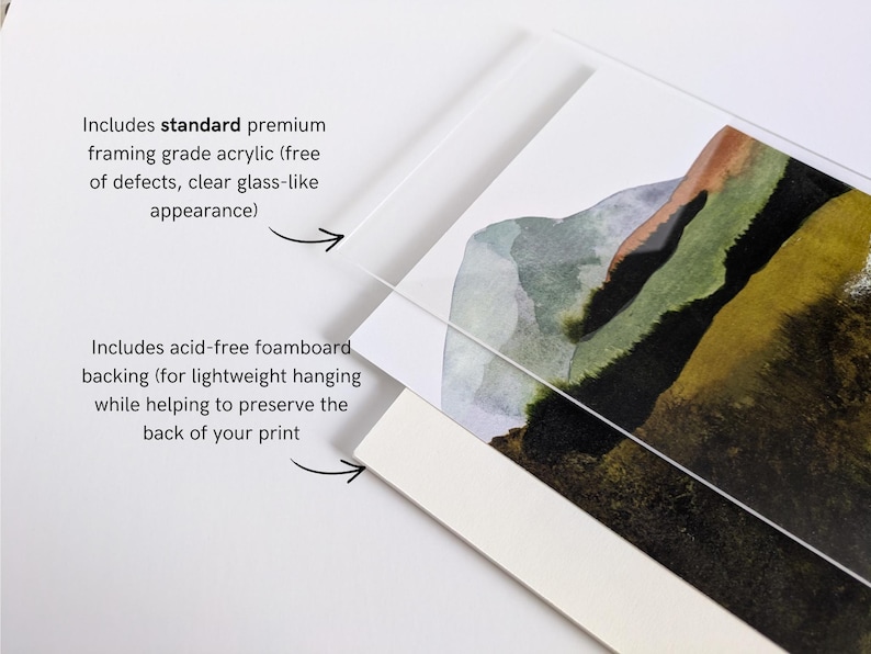 May include: Close-up of a framed art print featuring a watercolor landscape with green, brown, and gray hues. The print is protected by clear acrylic and acid-free foam board backing for lightweight hanging.