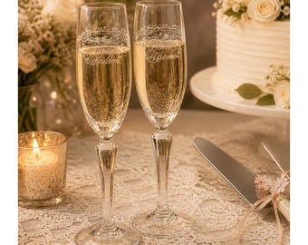 Set romantico per brindisi di nozze Hallmark, vintage anni '90, flûte di cristallo, paletta per torta, trasparente