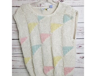 Vtg 80s Milky Way Sweater Vest Small White Pastel Geometric Hand Knitted