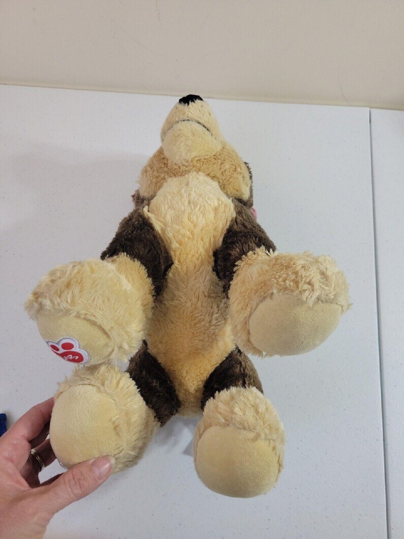 May include: Tan and brown plush Beanie Boo's dog toy. The dog has a stitched brown nose and black eyes.  The toy's paws have a small, round, red paw print logo. The plush toy is shown from above, lying on its back with its legs in the air.