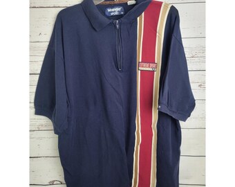 Polo VTG Wrangler 90's XXL bleu marine sport extrême à rayures sur un quart de zip