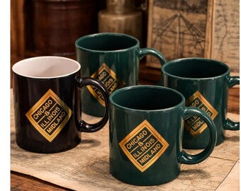 Vtg Chicago & Illinois Midland Railroad Mugs Set of 4 CIM Green Black Gold Logo