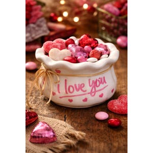 May include: A white ceramic bag-shaped container filled with heart-shaped candies in red, pink, and white. The container has the text "I love you" in pink, with small heart accents. A burlap cloth and wooden surface complete the romantic scene.