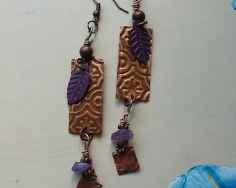 Handmade Amethyst metal embossed dangle earrings