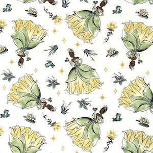 May include: A repeating pattern on a white background featuring a princess in a green and yellow gown, with a crown, holding a frog. The design includes lily pads, flowers, and stars.