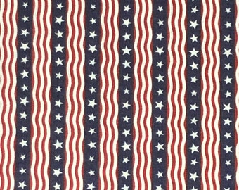 Waving Stars on Stripes Fabric By Half Yard, Fat Quarter, Patriotic Cotton Fabric, 1/2 Yards are Continuous