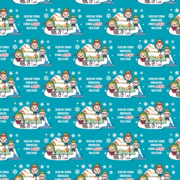 Elf Chibi Carolers Fabric By Half Yard, Fat Quarter, Elf Movie Christmas Cotton Fabric, 1/2 Yards are Continuous