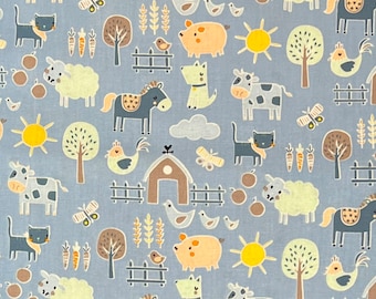 Farm Scene Cow Barn Chickens Baby 100% Cotton Fabric | Fat Quarter, Half Yard