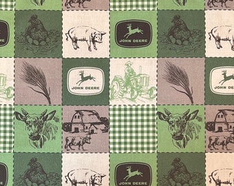 John Deere Quilted Scenes Fabric By Half Yard, Fat Quarter, John Deere Tractor Cotton Fabric, 1/2 Yards are Continuous