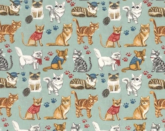 Sassy Cats Fabric By Half Yard, Fat Quarter, Cats Lounging Cotton Fabric, 1/2 Yards are Continuous