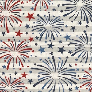 Red and Blue Fireworks Fabric By Half Yard, Fat Quarter, Patriotic Stripes Stars Cotton Fabric, 1/2 Yards are Continuous