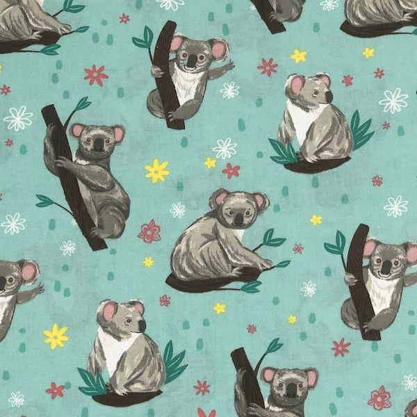 Koala Bears Fabric By Half Yard, Fat Quarter, Koalas Floral Cotton Fabric, 1/2 Yards are Continuous