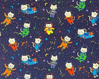 Astronaut Outer Space Kittens 100% Cotton Fabric | Fat Quarter, Half Yard