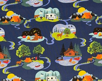 Bears Camping Lakeside Cabins 100% Cotton Fabric | Fat Quarter, Half Yard