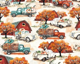 Barns Trucks Farm Scene Autumn Leaves 100% Cotton Fabric | Fat Quarter, Half Yard