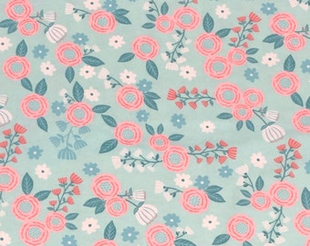 FLANNEL Mint Pink Floral Fabric By the Half Yard, Fat Quarter, G Hanna Flowers Cotton Fabric, 1/2 Yards are Continuous