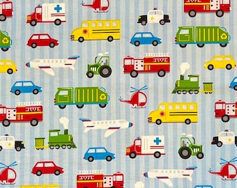 May include: A light blue fabric with a repeating pattern of various vehicles, including ambulances, school buses, fire trucks, cars, airplanes, helicopters, tractors, and trains. The vehicles are in bright colors against a background of vertical white stripes.