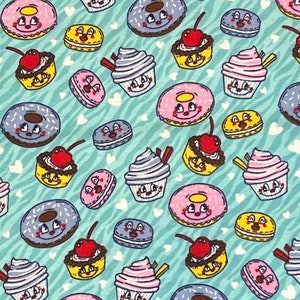 FLANNEL Remnant 26&quot; Cupcakes and Donuts Fabric, Cupcake Food Faces and Hearts Cotton Fabric