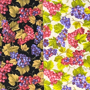 Wine Grapes Fabric By Half Yard, Fat Quarter, Grapes on Choice of Cream or Black Cotton Fabric, 1/2 Yards are Continuous
