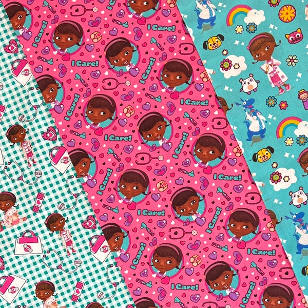 Doc McStuffins Fabric By Half Yard, Fat Quarter, Choice of Plaid, I Care, or Magic Cotton Fabric, 1/2 Yards are Continuous