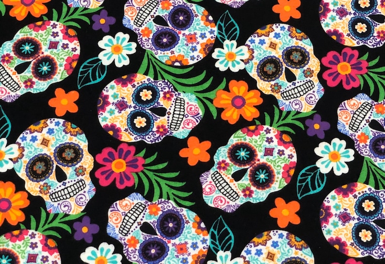FLANNEL Sugar Skulls Fabric By the Half Yard Colorful Etsy