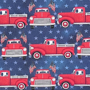 Red Trucks with Flags Fabric By Half Yard, Fat Quarter, Patriotic Cotton Fabric, 1/2 Yards are Continuous