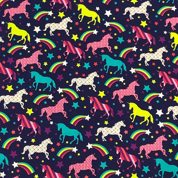 Unicorns and Rainbows Fabric By the Half Yard, Fat Quarter, Unicorn on Blue Cotton Fabric, 1/2 Yards are Continuous