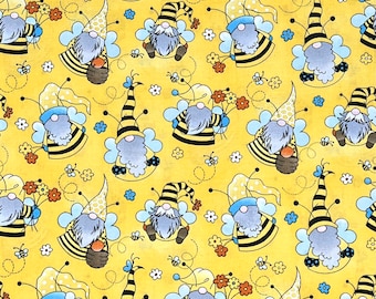Bumble Bee Gnomes Flower 100% Cotton Fabric | Fat Quarter, Half Yard