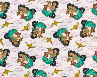 May include: A white fabric with a repeating pattern of a cartoon character holding a lamp. The character is wearing a blue outfit and has long black hair. The background is white with purple clouds.