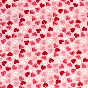 Message From The Heart Pink Fabric By Half Yard, Fat Quarter, Conversation Hearts Valentine’s Day Cotton Fabric, 1/2 Yards are Continuous