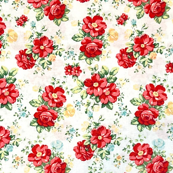 Vintage Floral White Pioneer Woman Fabric By Half Yard, Fat Quarter, Flowers Cotton Fabric, 1/2 Yards are Continuous