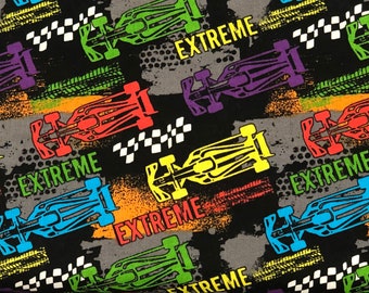 Extreme Cars Fabric By Half Yard, Fat Quarter, Race Cars Cotton Fabric, 1/2 Yards are Continuous