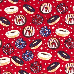 Patriotic Donuts Fabric By Half Yard, Fat Quarter, Donuts on Red Cotton Fabric, 1/2 Yards are Continuous