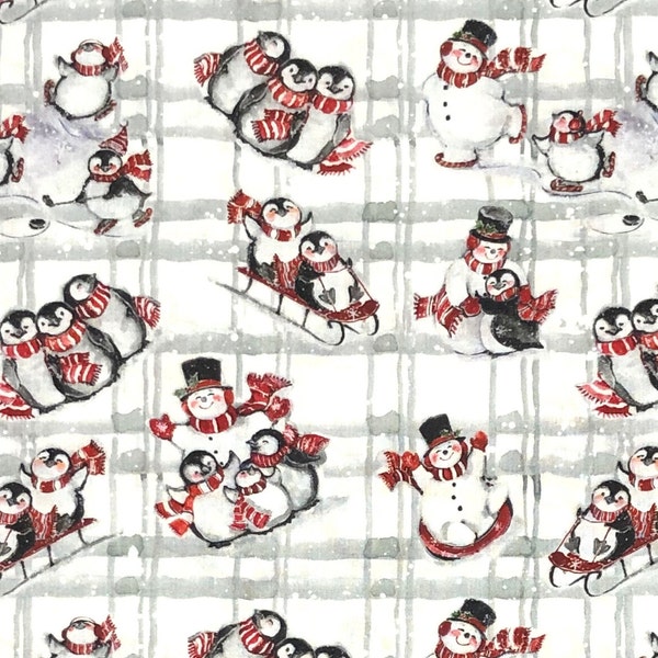 Playful Snowmen Penguins Fabric By Half Yard, Fat Quarter, Snowman Penguin Christmas Cotton Fabric, 1/2 Yards are Continuous