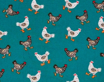Chickens on Teal 100% Cotton Fabric | Precut Fat Quarter
