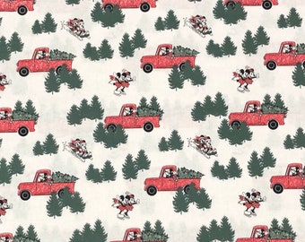 Mickey Forest Christmas Fabric By Half Yard, Fat Quarter, Minnie Mouse Sled Disney Cotton Fabric, 1/2 Yards are Continuous