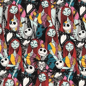 May include: A colorful fabric with a repeating pattern of Jack Skellington and Sally from the Nightmare Before Christmas. The characters are depicted in their signature black and white, and red and white colors.