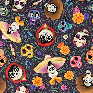 May include: A colorful fabric with a repeating pattern of skeletons, flowers, and characters from the movie Coco. The characters are wearing sombreros and traditional Mexican clothing. The fabric is perfect for crafting projects, quilting, or making clothing.